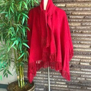 Pure Royal Alpaca Cape with Scarf Red Tassle Coat Shawl Sz M Indigenous Designs